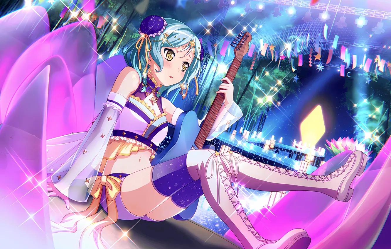 Photo wallpaper lights, girl, guitar, sexy, cleavage, shorts, blouse, thighhighs