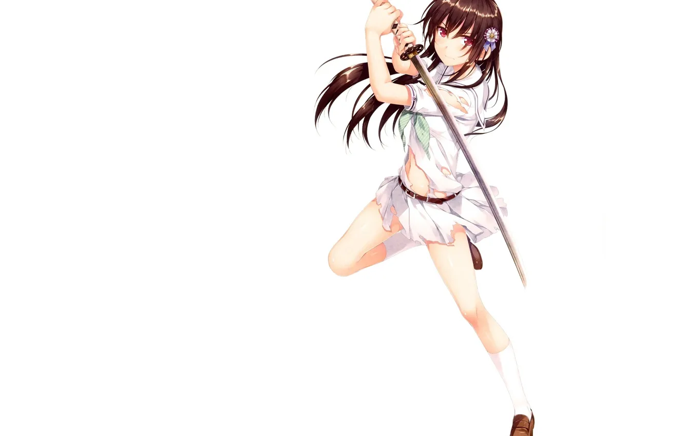 Photo wallpaper katana, white background, schoolgirl, knee, art, stand, Alpha, Boku no Hitori Zero