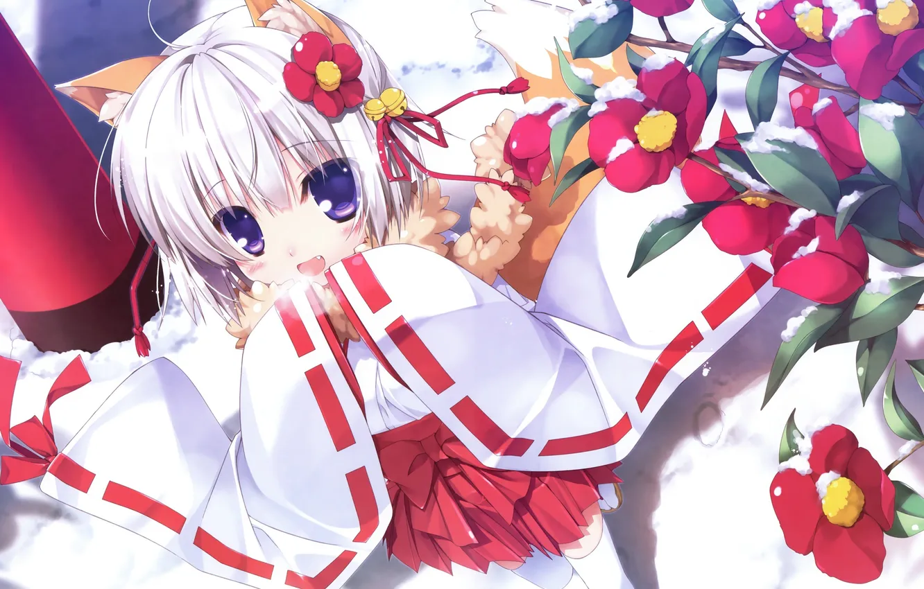 Photo wallpaper cold, snow, flowers, art, girl, ears, neko, Chikotam