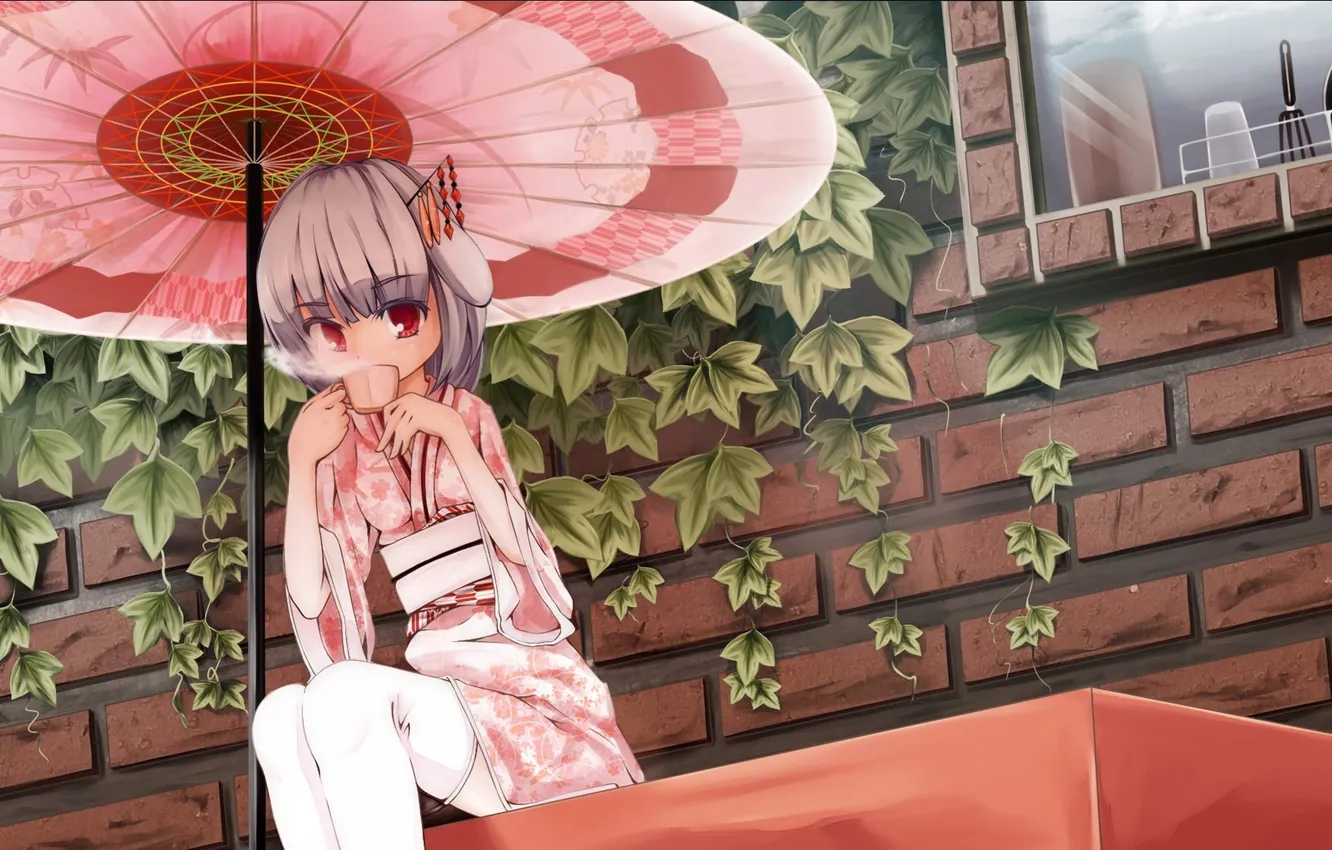 Photo wallpaper house, tea, umbrella, art, girl, kimono, ears, ilis