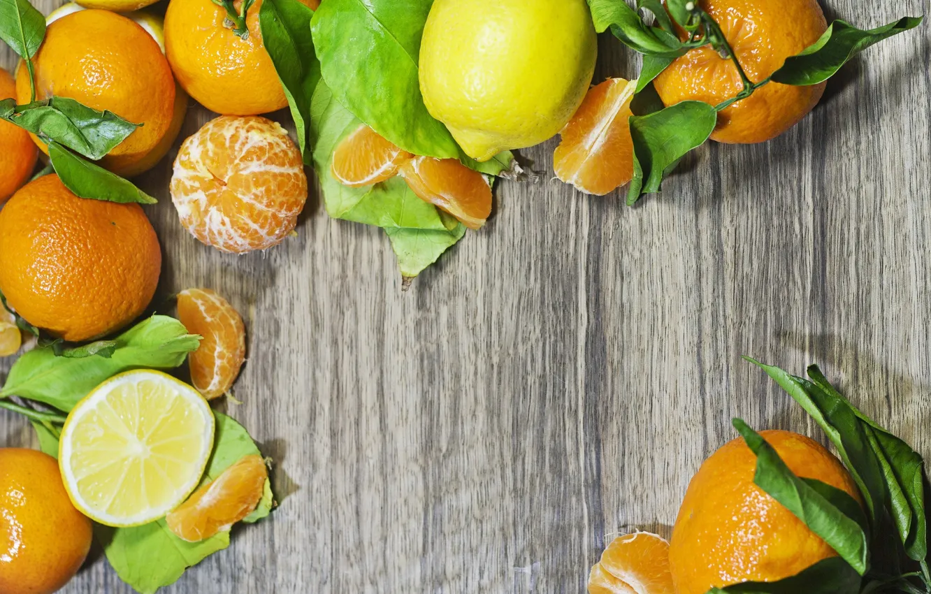 Photo wallpaper lemon, citrus, leaves, tangerines