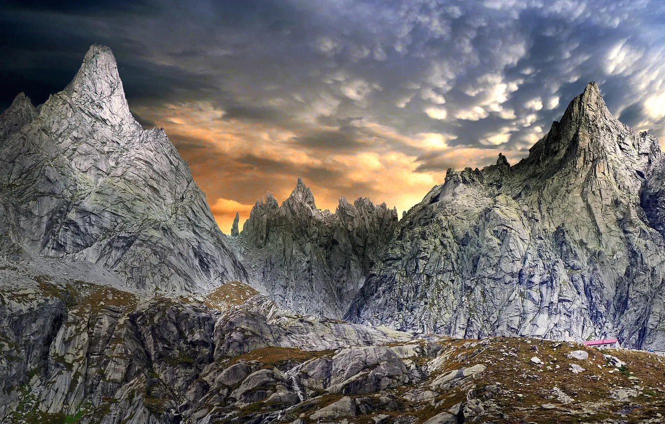 Photo wallpaper roof, the sky, mountains, clouds, stones, home