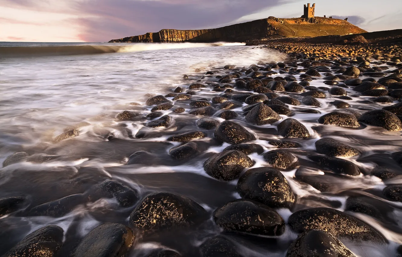 Photo wallpaper sea, wave, nature, stones, rocks, shore, fortress, threads