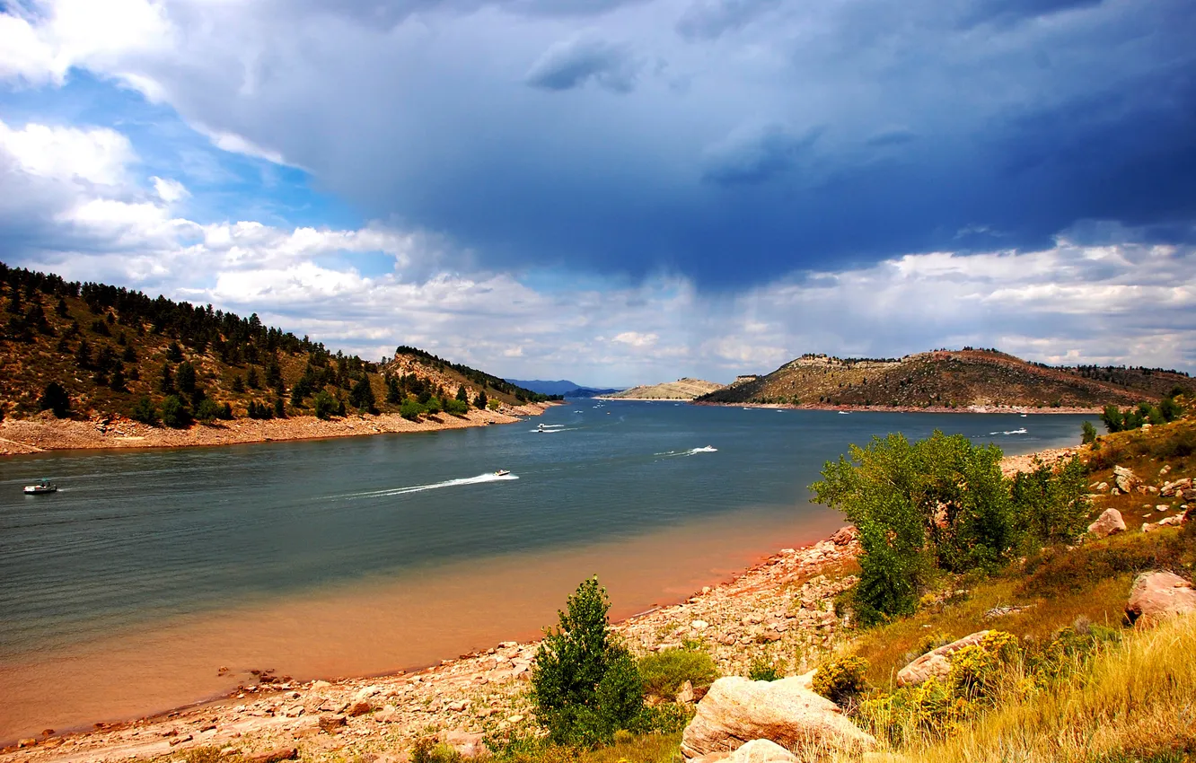 Photo wallpaper landscape, nature, river, boat