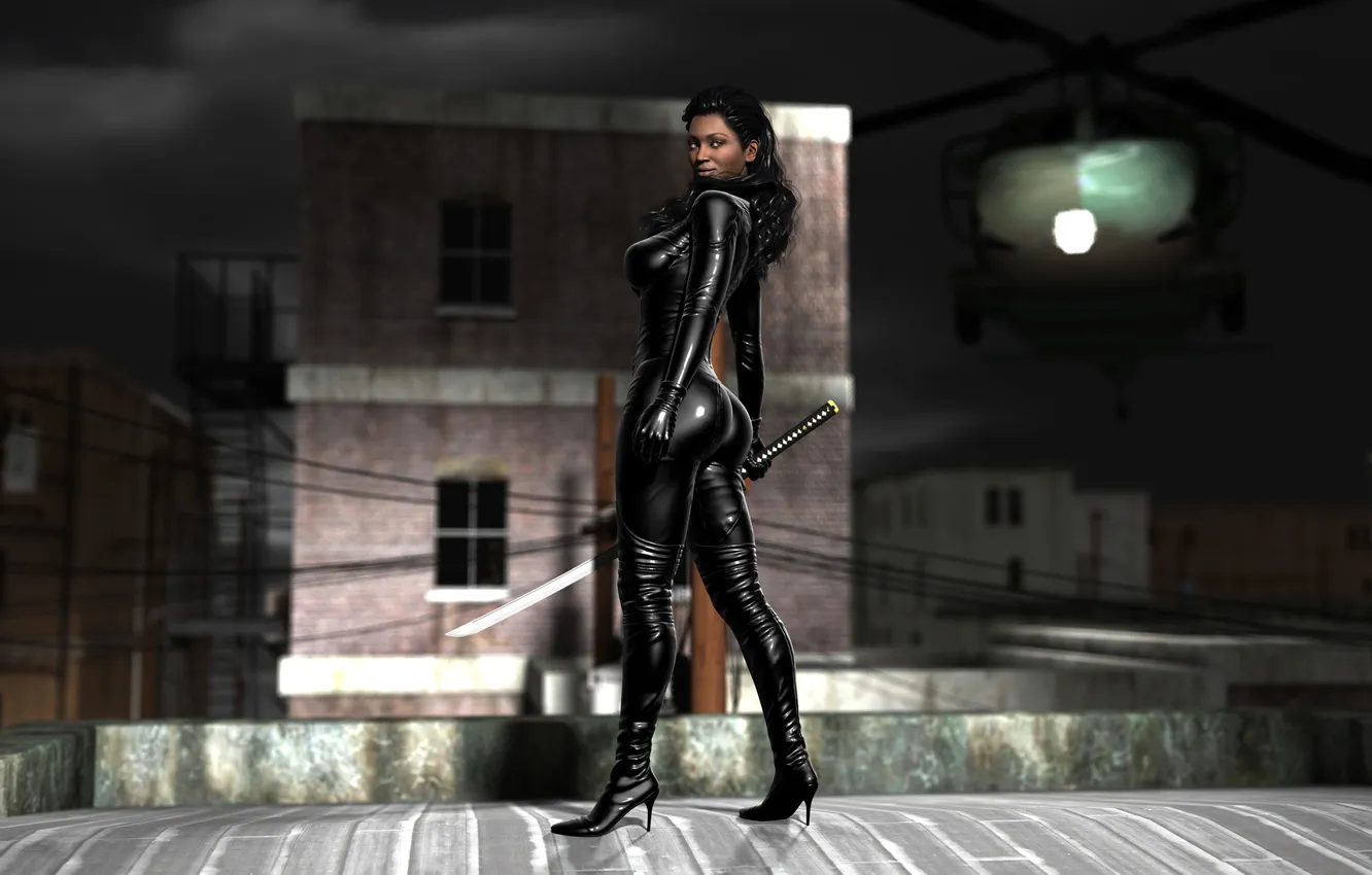 Photo wallpaper ass, chest, girl, the city, rendering, black, body, sword