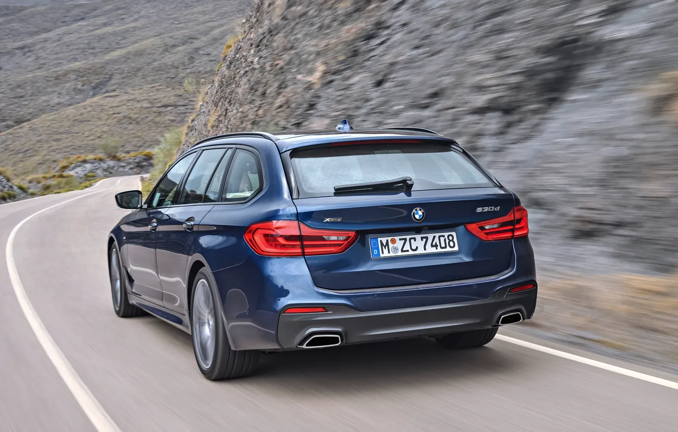 Photo wallpaper road, mountains, movement, vegetation, the slopes, BMW, rear view, universal