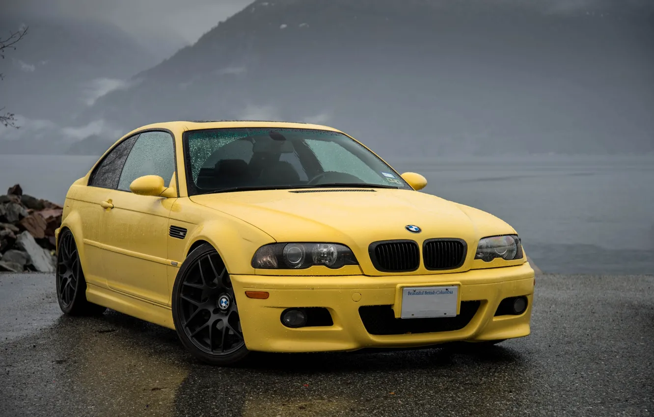 Photo wallpaper asphalt, yellow, wet, bmw, BMW, front view, yellow, e46