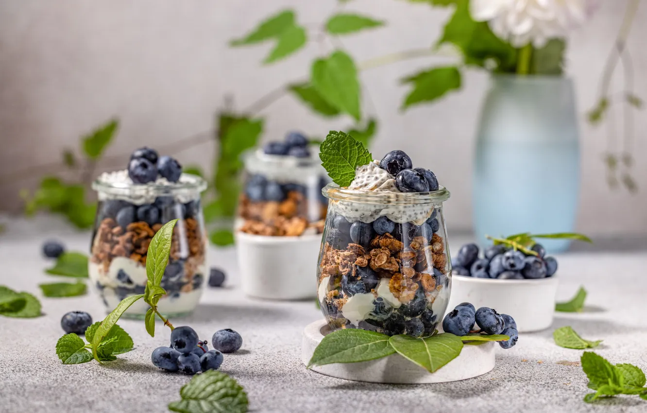 Photo wallpaper berries, glass, blueberries, dessert