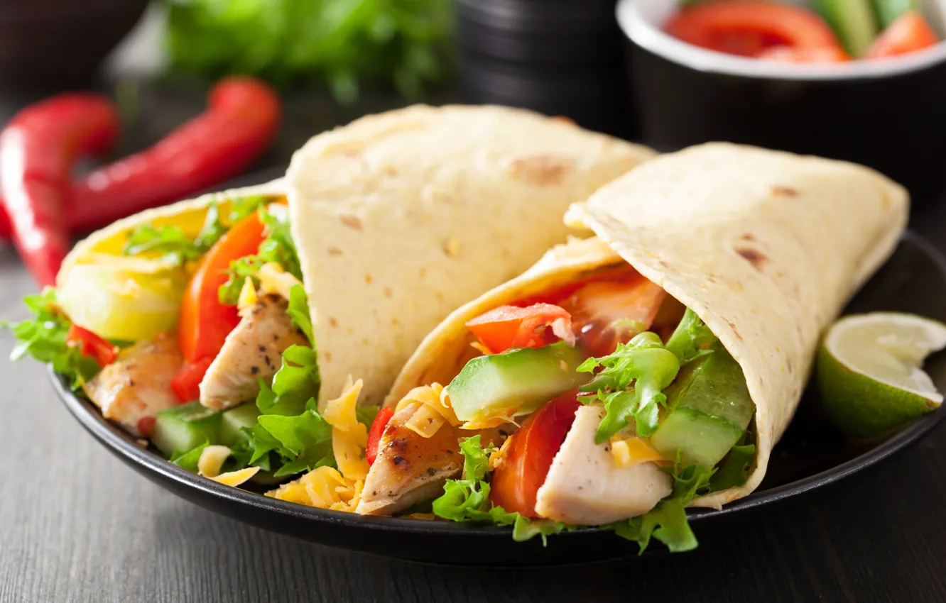 Photo wallpaper vegetables, chicken tacos, ingredients