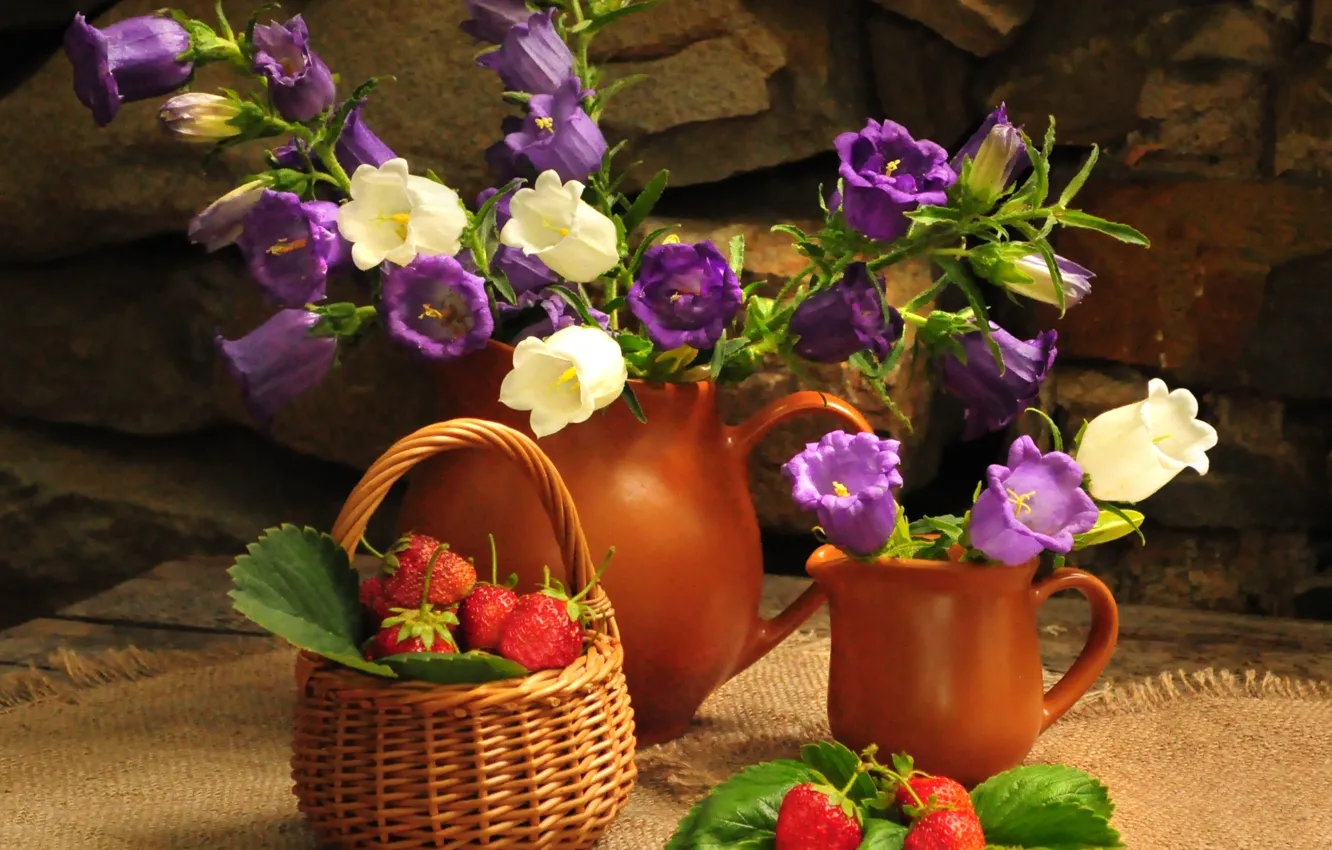 Photo wallpaper flower, summer, flowers, nature, basket, bouquet, strawberry, berry