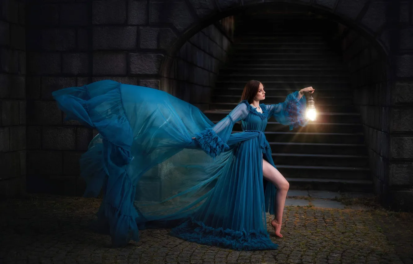 Photo wallpaper girl, lights, ladder, blue dress
