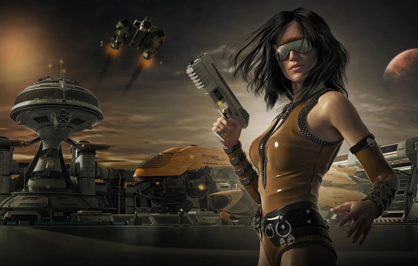 Photo wallpaper look, girl, gun