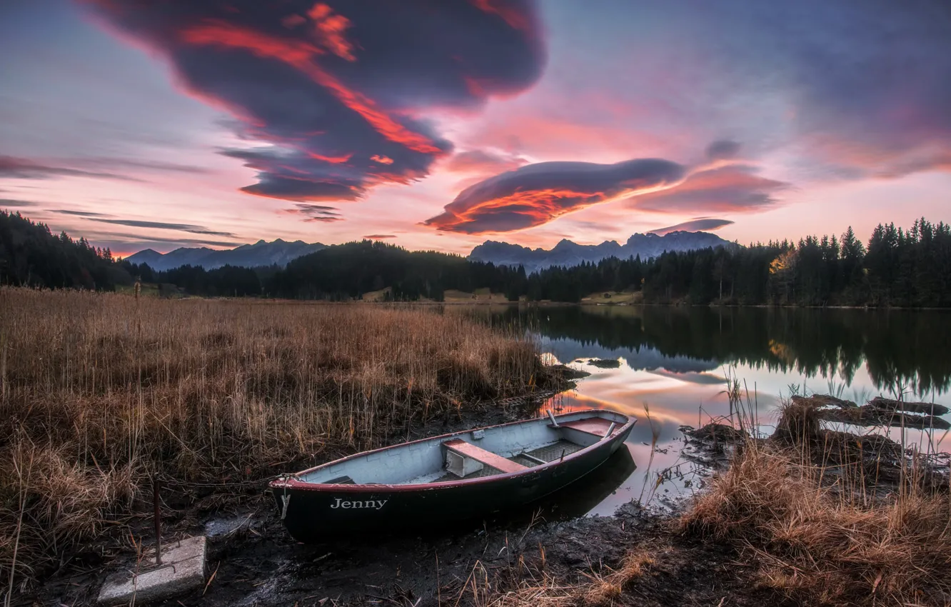 Photo wallpaper grass, landscape, mountains, nature, dawn, boat, morning, Germany