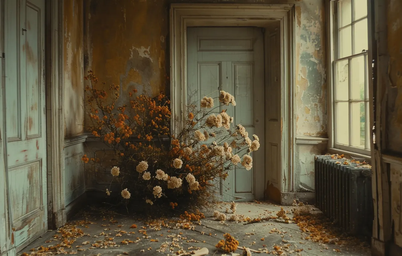 Photo wallpaper neural network, room, retro, flowers, interior, floor, wall, AI art