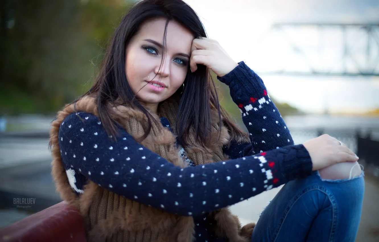 Photo wallpaper look, girl, bridge, river, jeans, makeup, hairstyle, beautiful