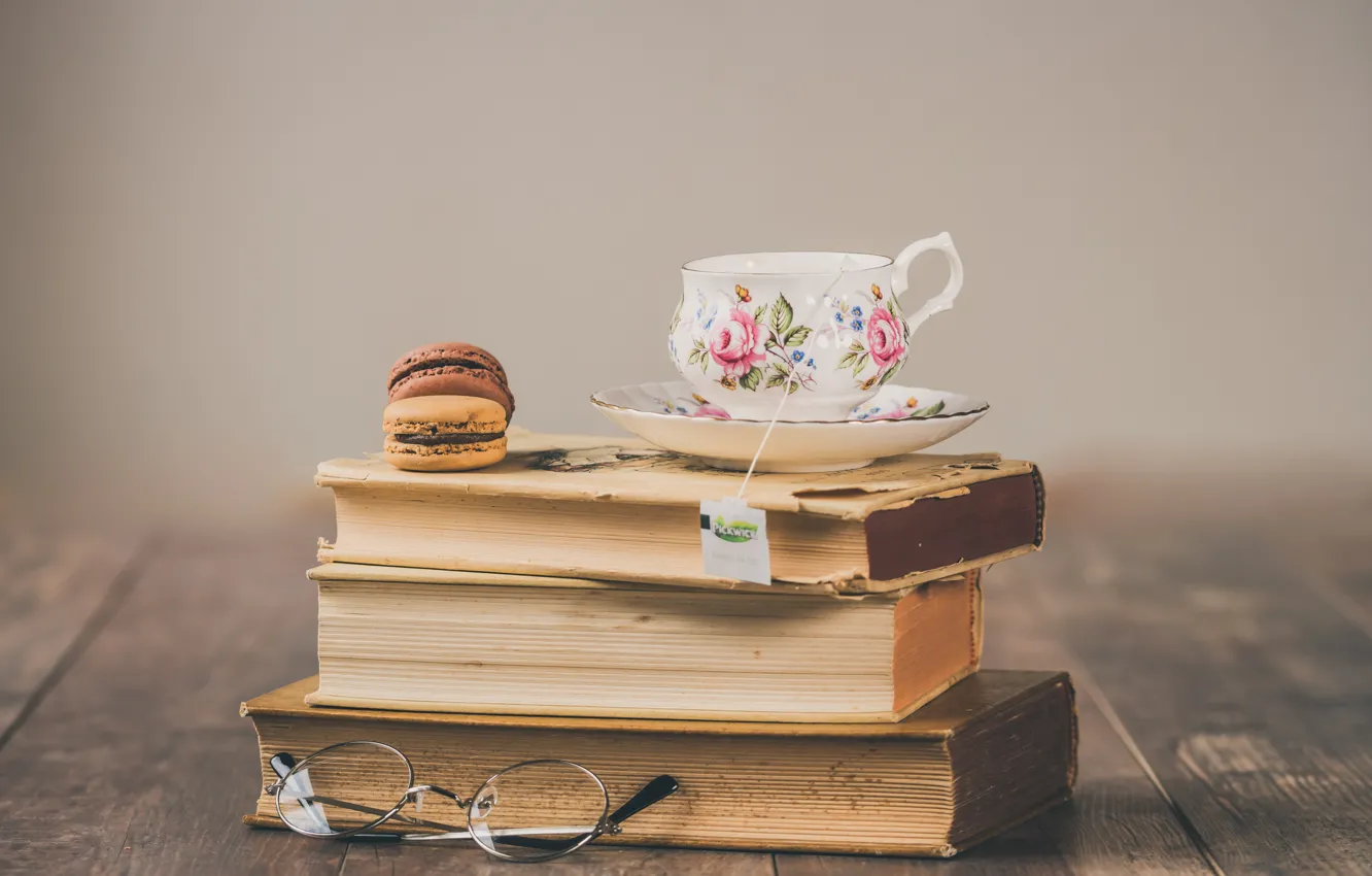 Photo wallpaper retro, tea, books, macaron