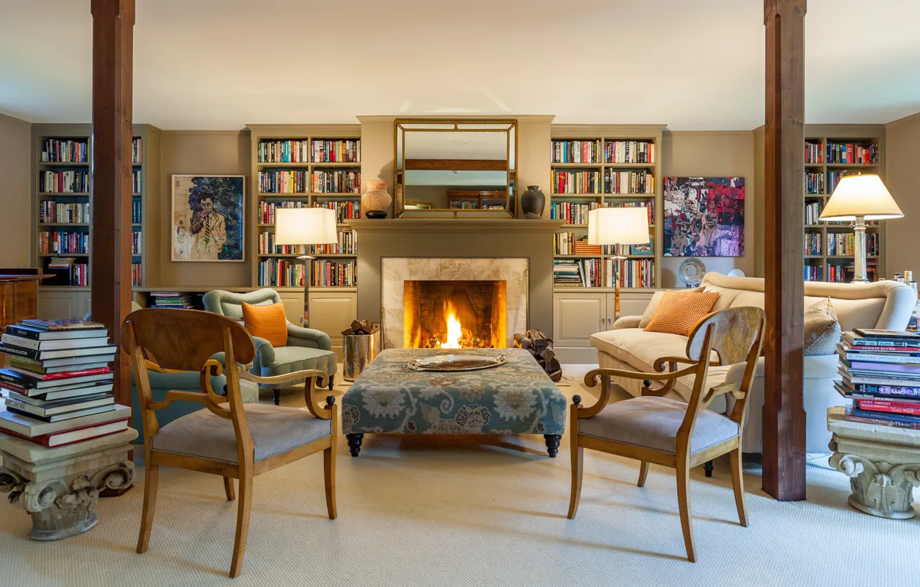 Photo wallpaper design, style, interior, UK, fireplace, library, living room, Great Britain