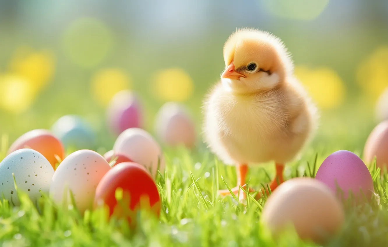 Photo wallpaper holiday, bird, glade, chickens, eggs, spring, Easter, Chicks