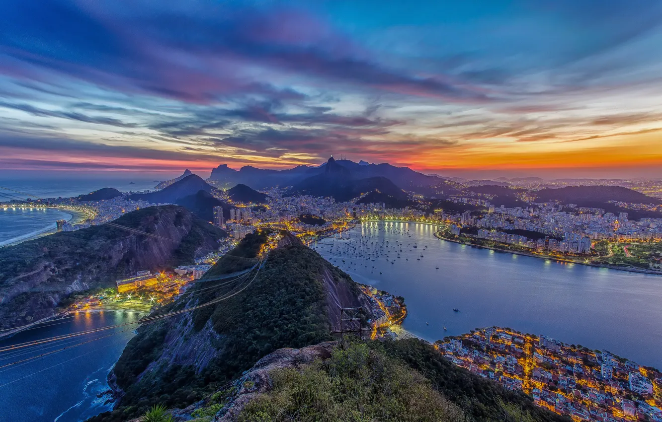 Photo wallpaper sunset, mountains, the city, the ocean, home, Bay, yachts, Rio de Janeiro