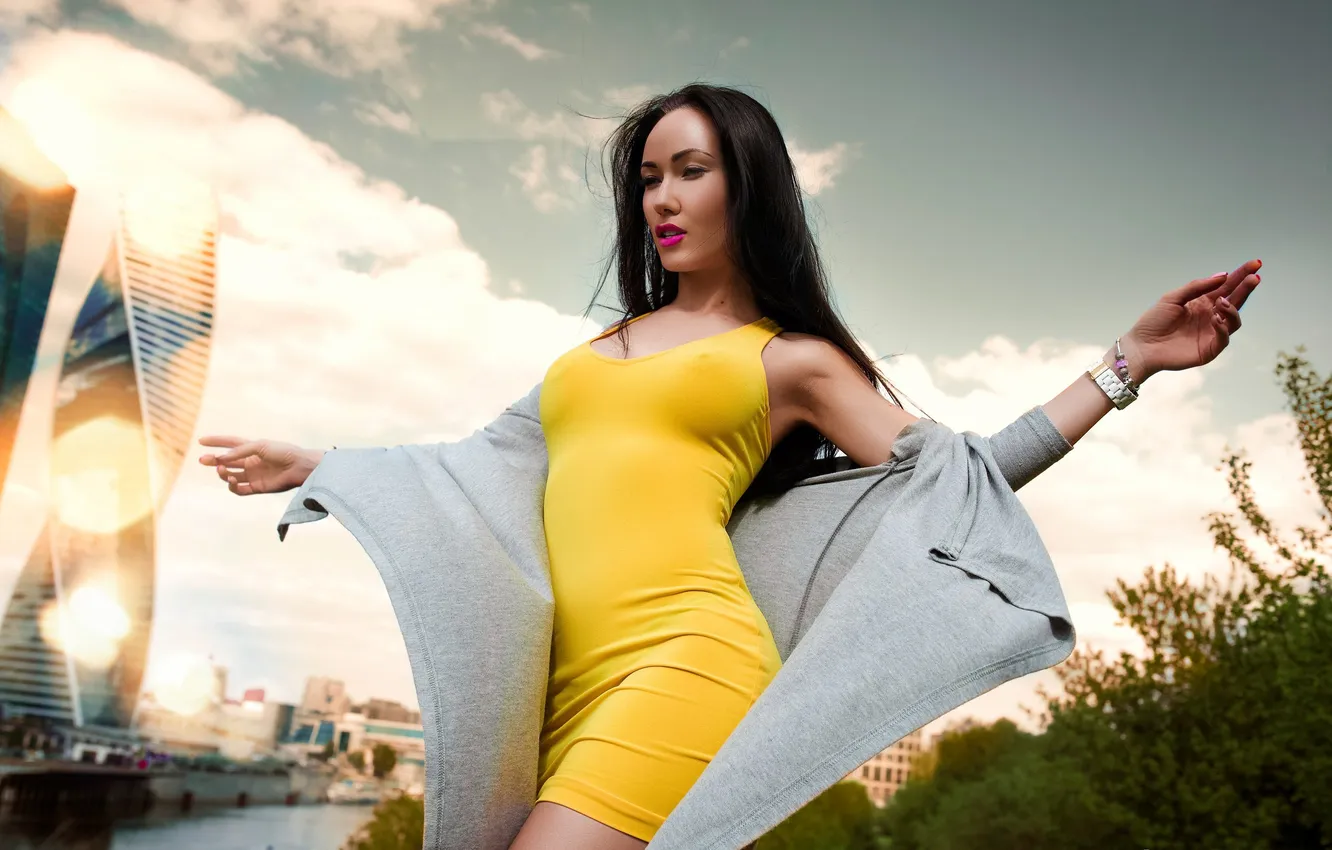 Photo wallpaper landscape, the city, sexy, pose, river, model, hands, makeup