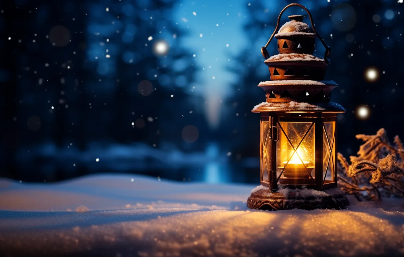 Photo wallpaper winter, snow, night, new year, Christmas, lights, Christmas, night
