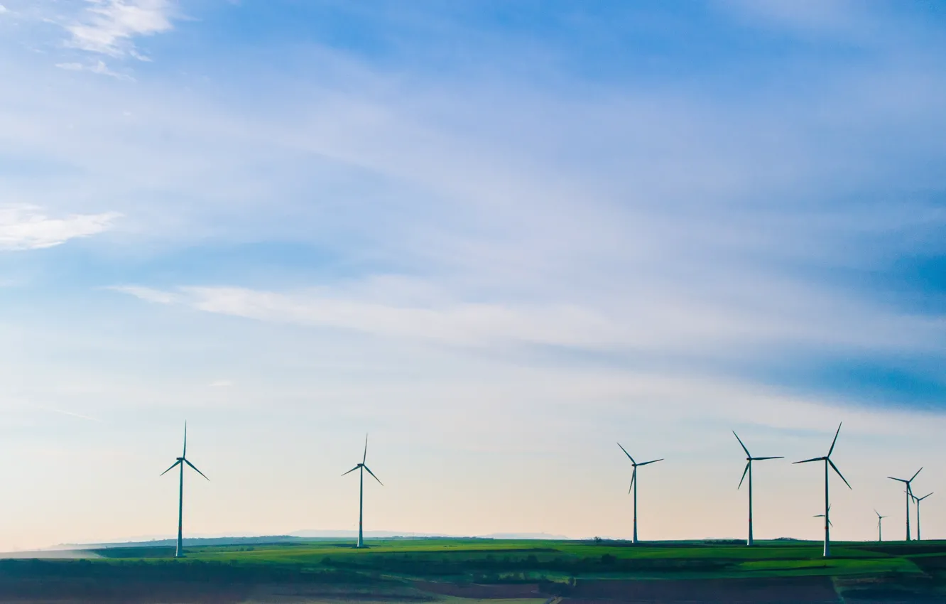 Photo wallpaper grass, sky, nature, clouds, green electricity, Wind Turbines