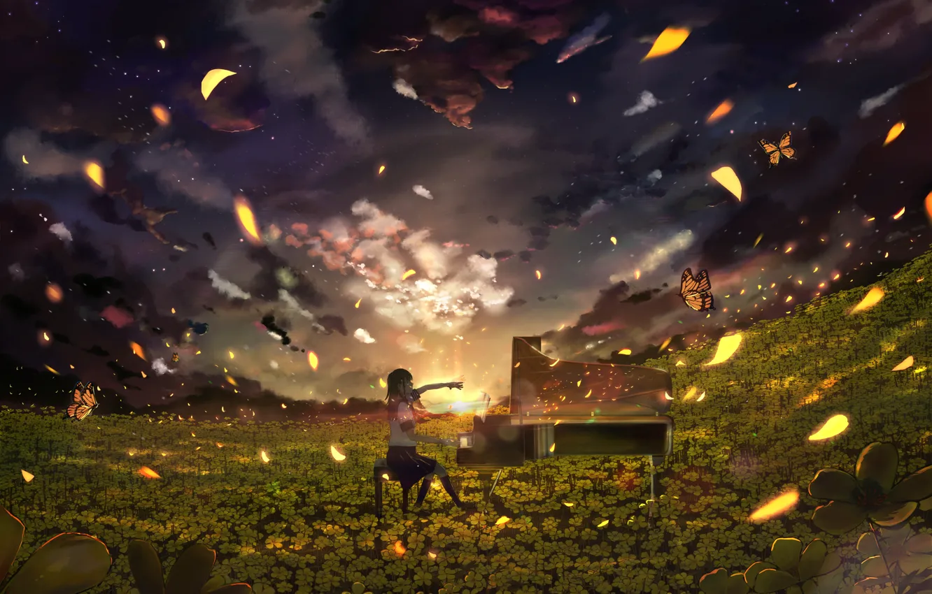 Photo wallpaper girl, sunset, glade, piano, yellow flowers