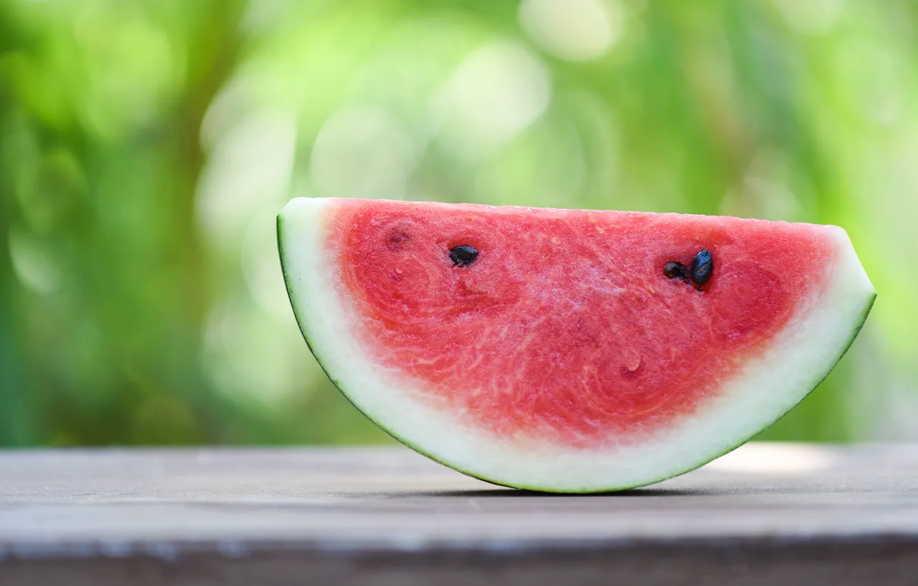Photo wallpaper green, table, background, food, watermelon, slices, bokeh, piece