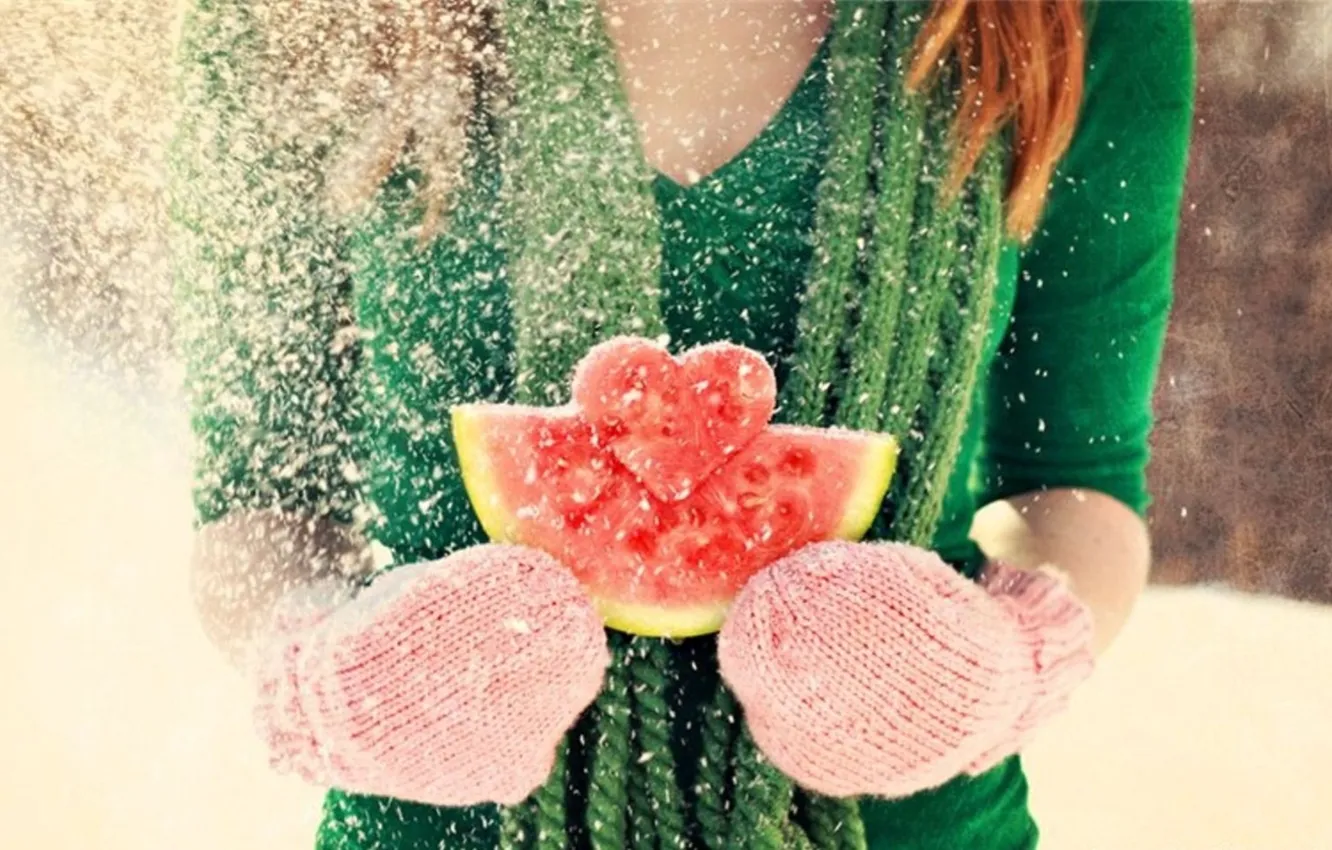 Photo wallpaper winter, girl, snow, love, heart, watermelon, red, love