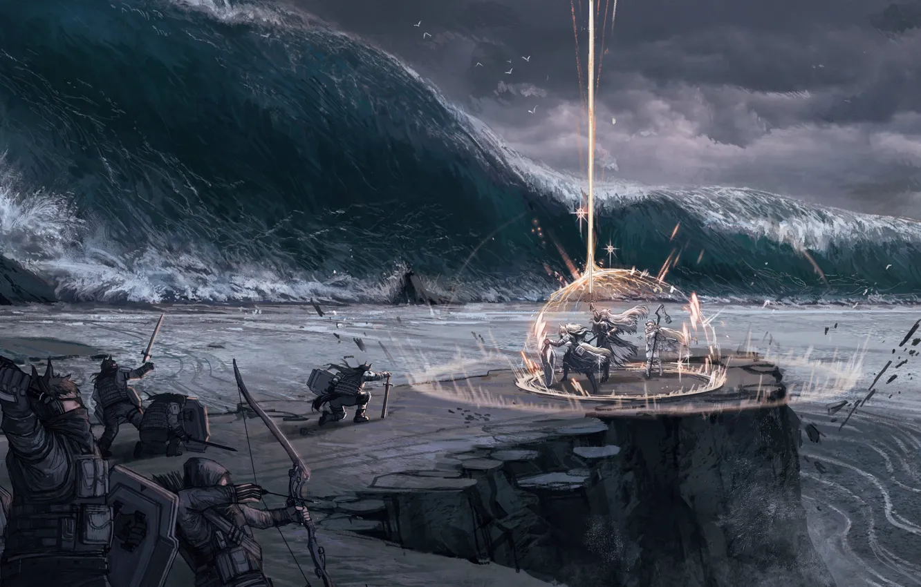 Photo wallpaper sea, girl, rocks, magic, storm, barrier, Arknights