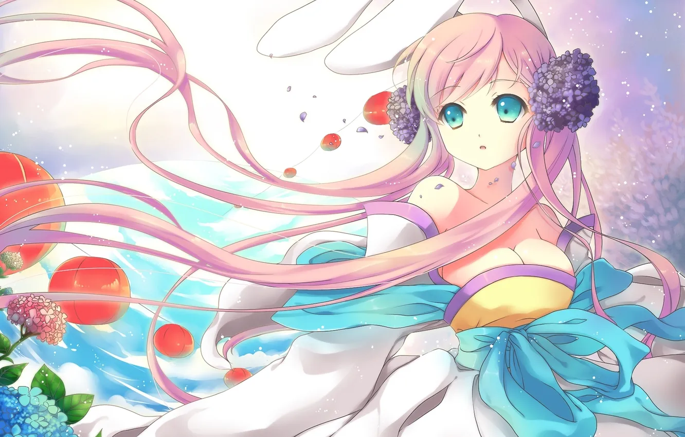 Photo wallpaper girl, flowers, the wind, dress, art, flashlight, ears, neko