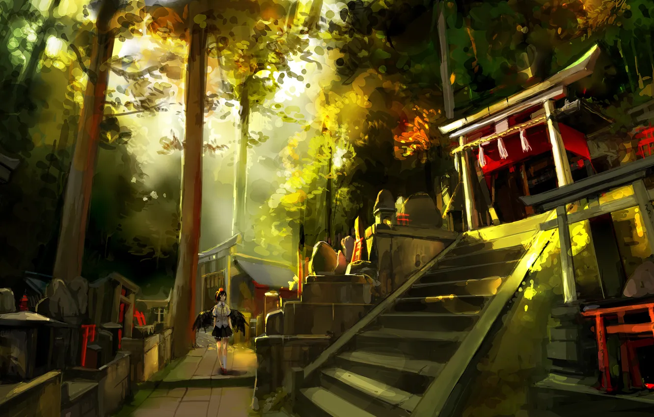 Photo wallpaper girl, trees, sunset, wings, art, stage, temple, touhou