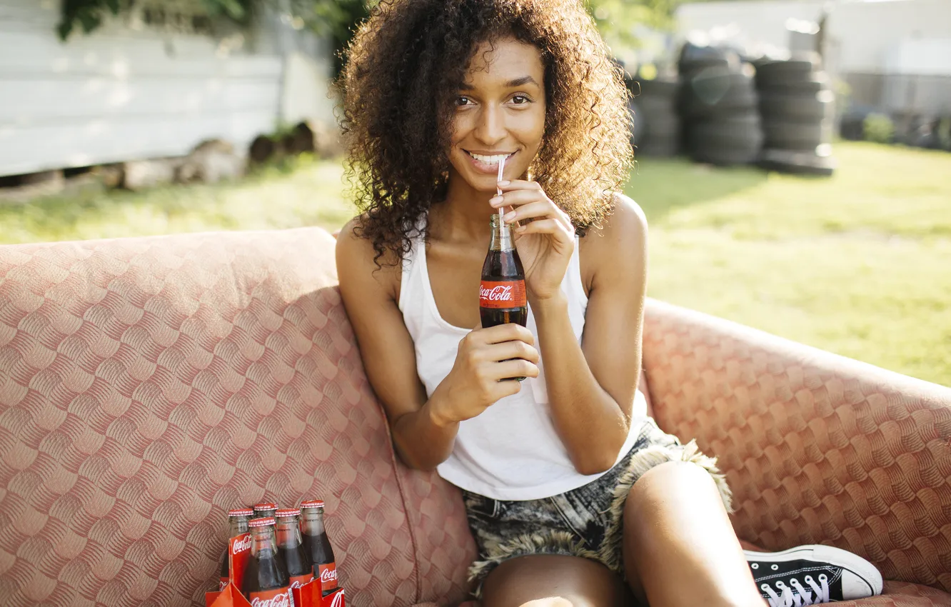 Photo wallpaper girl, curls, black, Coca Cola