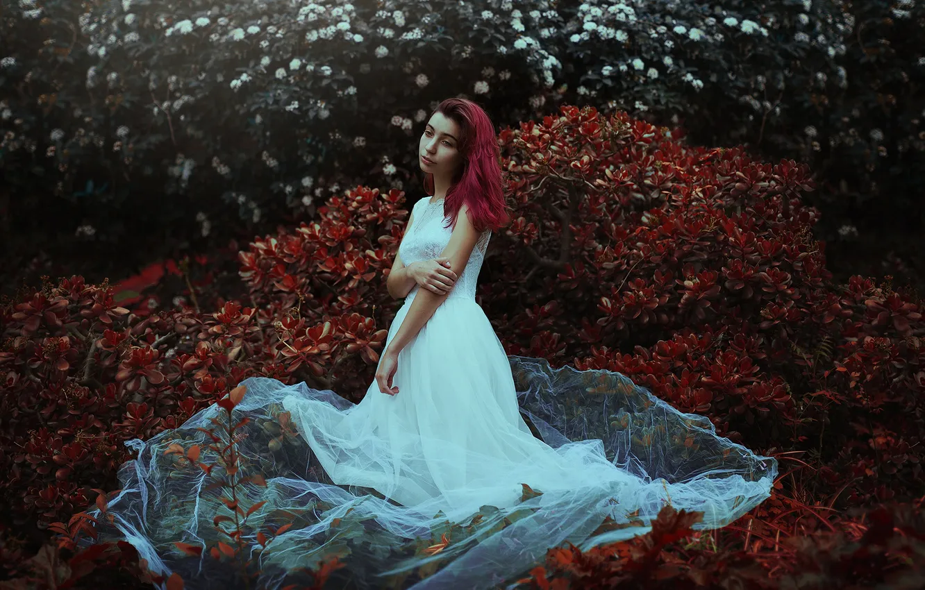 Photo wallpaper forest, leaves, girl, flowers, hair, white dress, melancholy