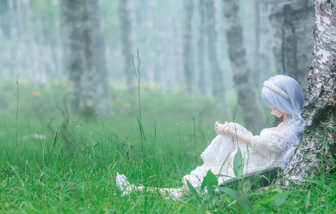 Photo wallpaper grass, trees, nature, toy, doll, sitting, lilac hair