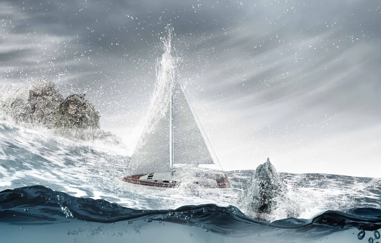 Photo wallpaper sea, wave, squirt, rocks, sailboat