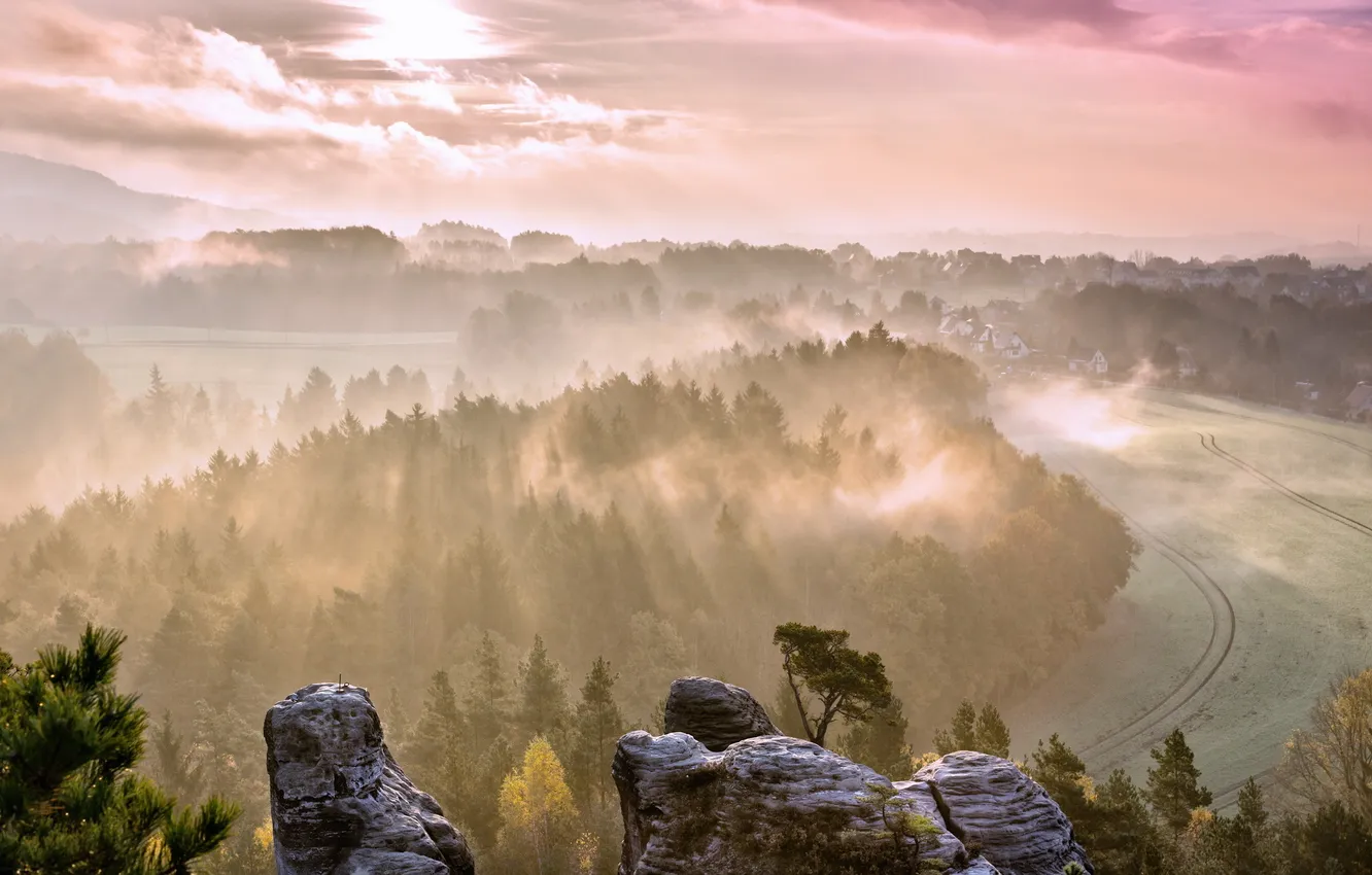 Photo wallpaper landscape, fog, morning