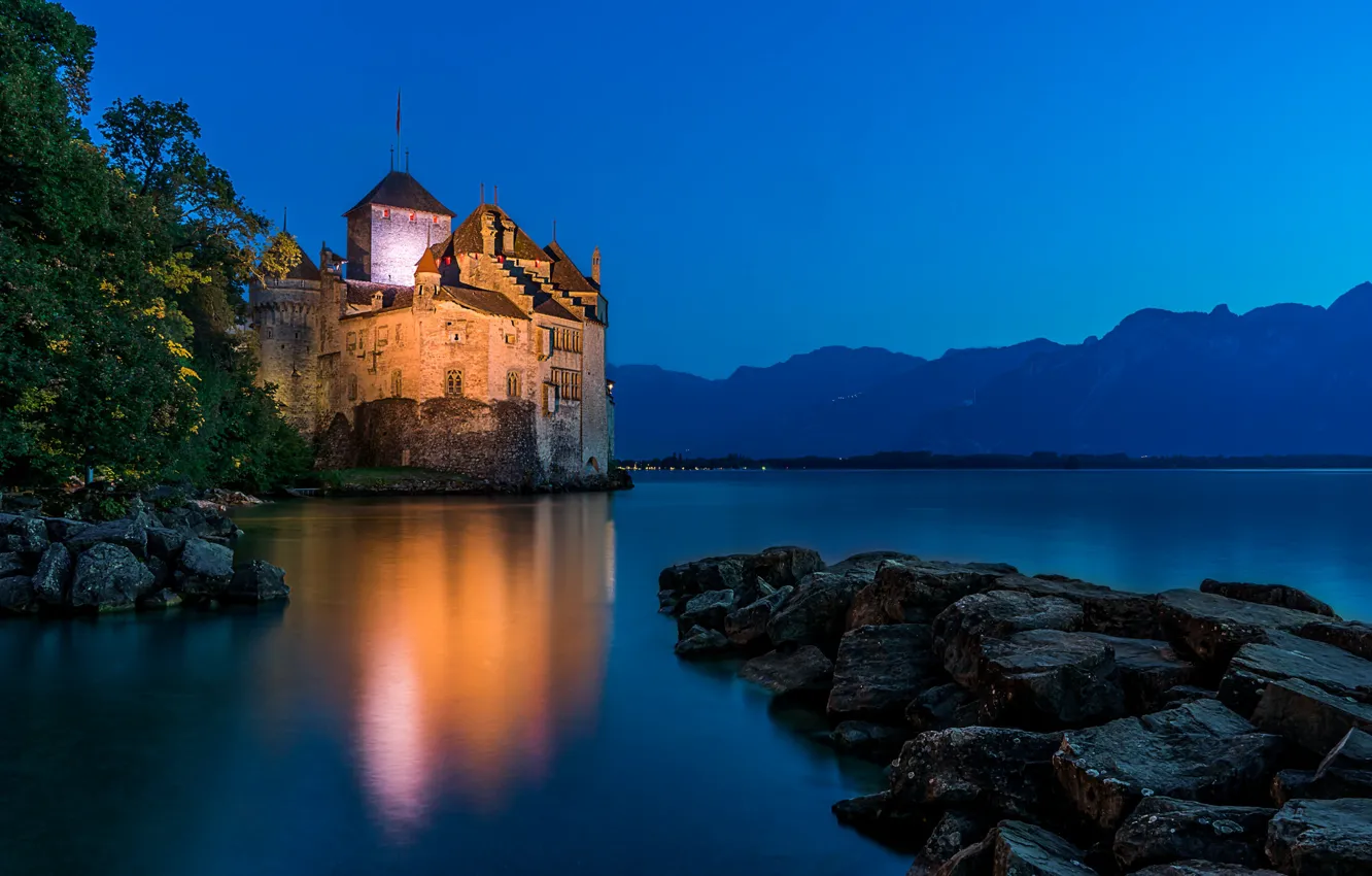 Photo wallpaper mountains, lake, stones, castle, Switzerland, Alps, Switzerland, Alps