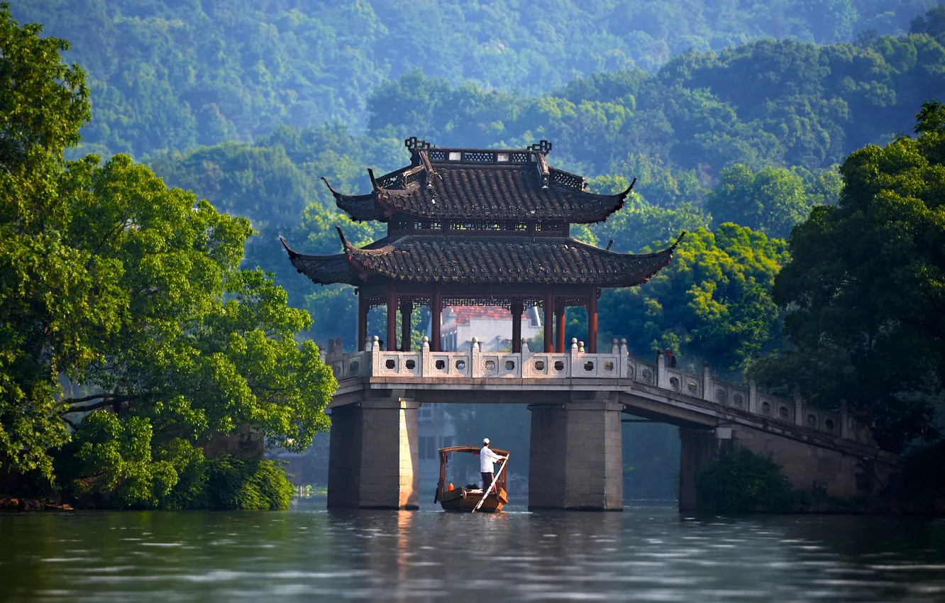 Photo wallpaper trees, bridge, river, boat, China, China, pavilion