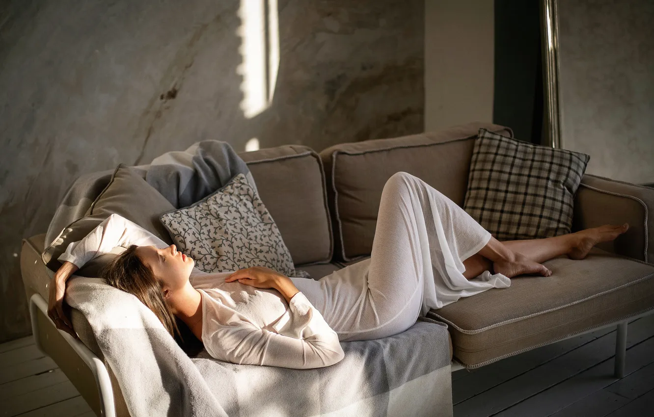 Photo wallpaper girl, model, brunette, couch, white dress, lying on back, Disha Shemetova, Maksim Chuprin