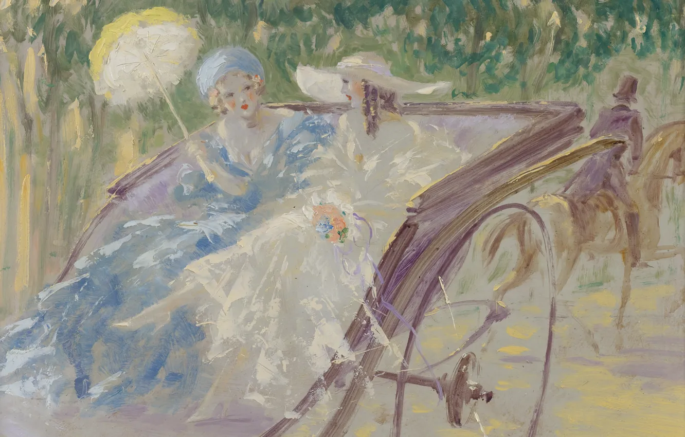 Photo wallpaper umbrella, Louis Icart, Two elegant ladies in a carriage