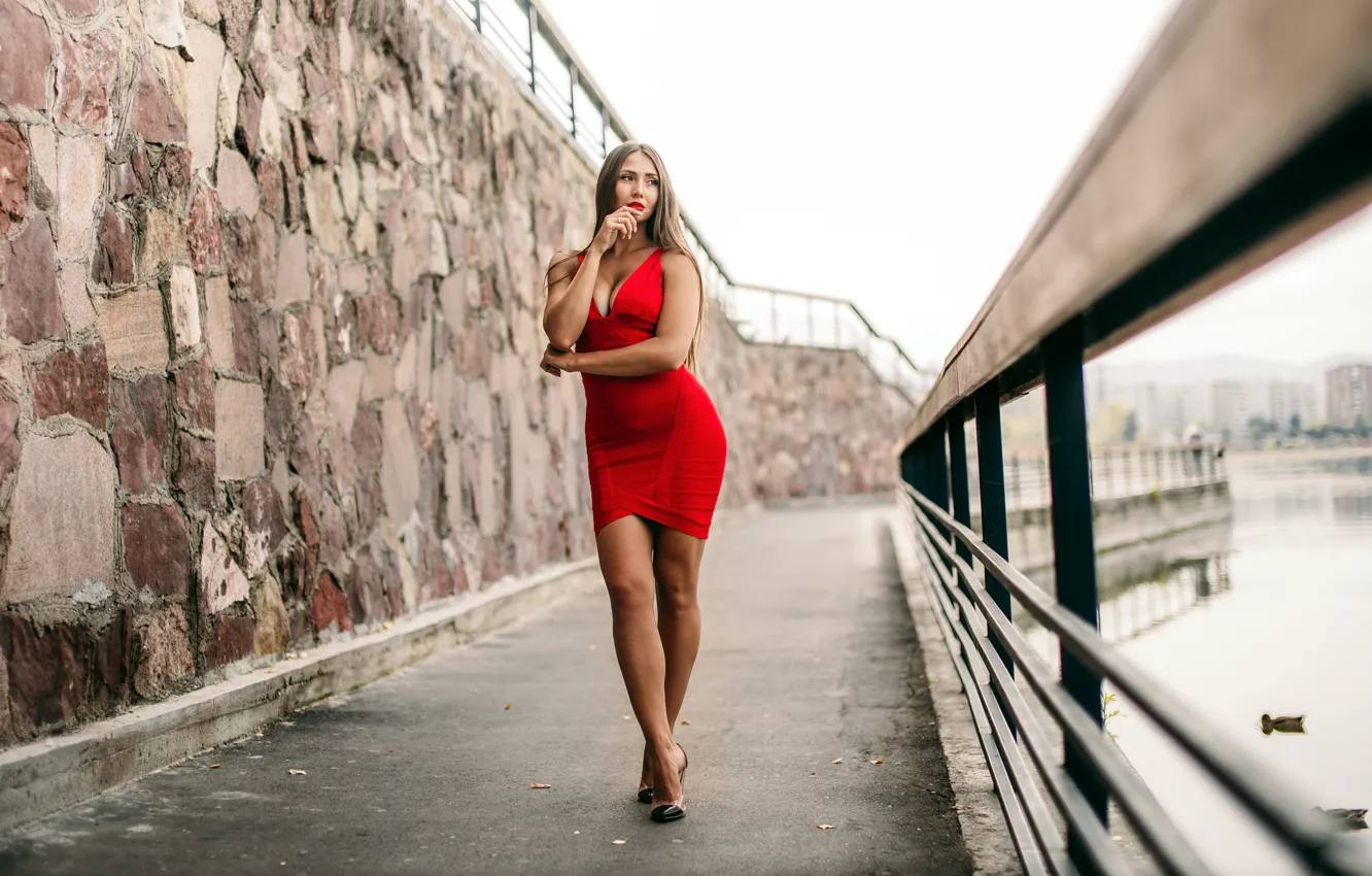 Photo wallpaper red, girl, dress, bridge, lips