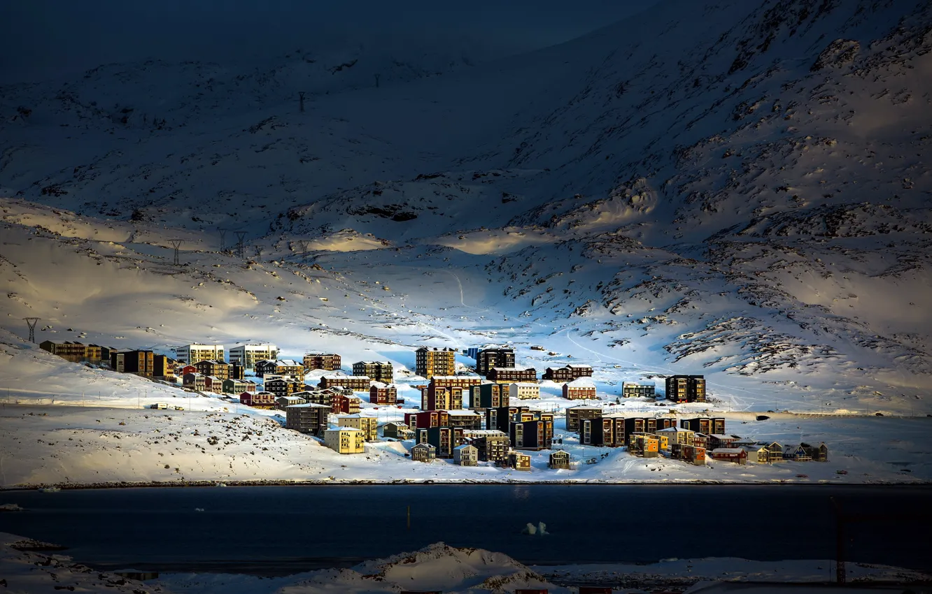 Photo wallpaper city, winter, town, urban, Arctic, Greenland, Qinngorput, Nuuk