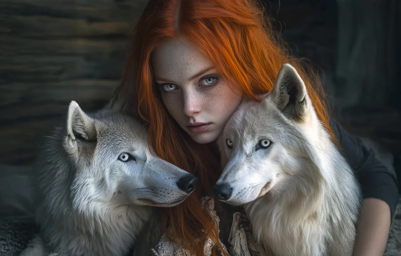 Photo wallpaper white, look, girl, pose, the dark background, wolf, fantasy, white
