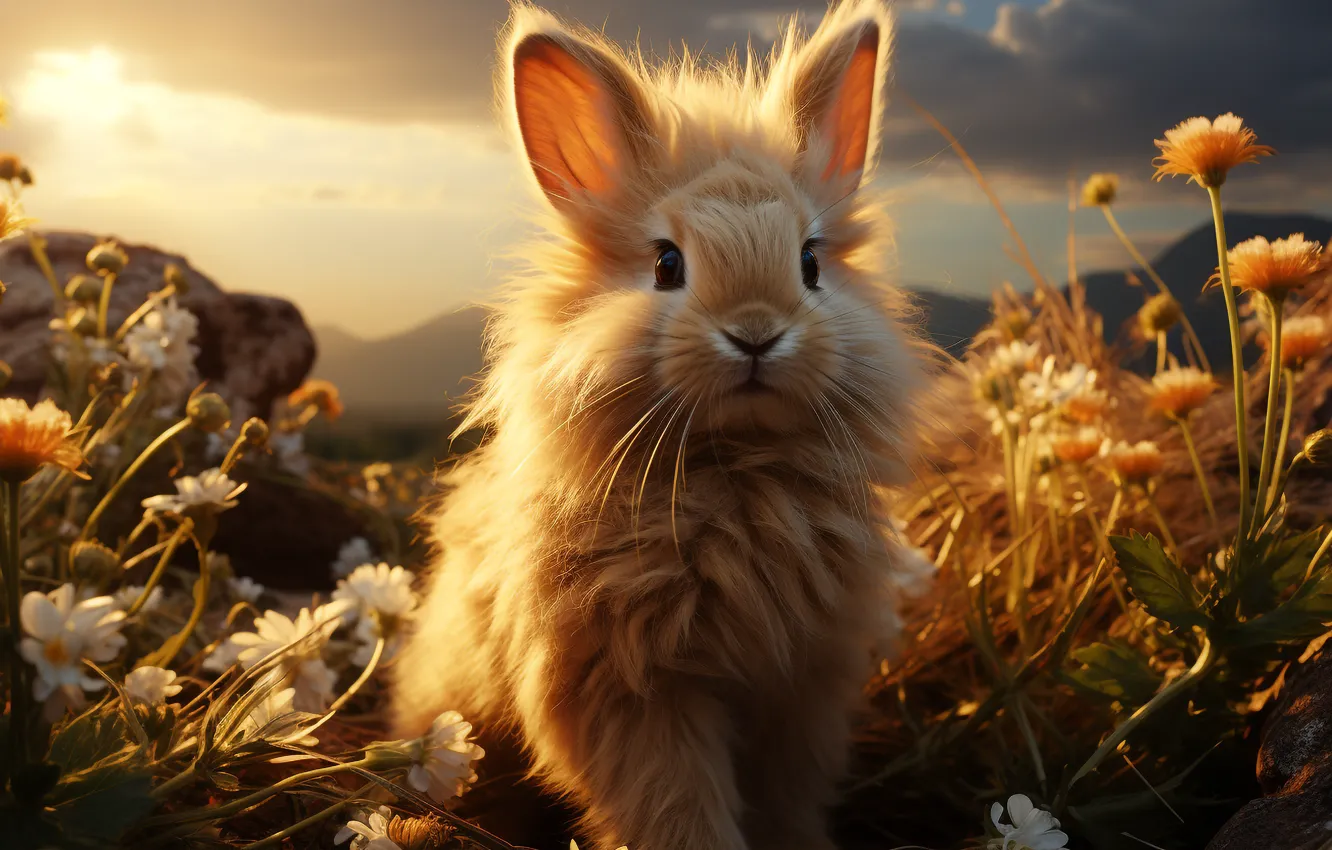 Photo wallpaper summer, the sky, clouds, light, flowers, mountains, orange, clouds