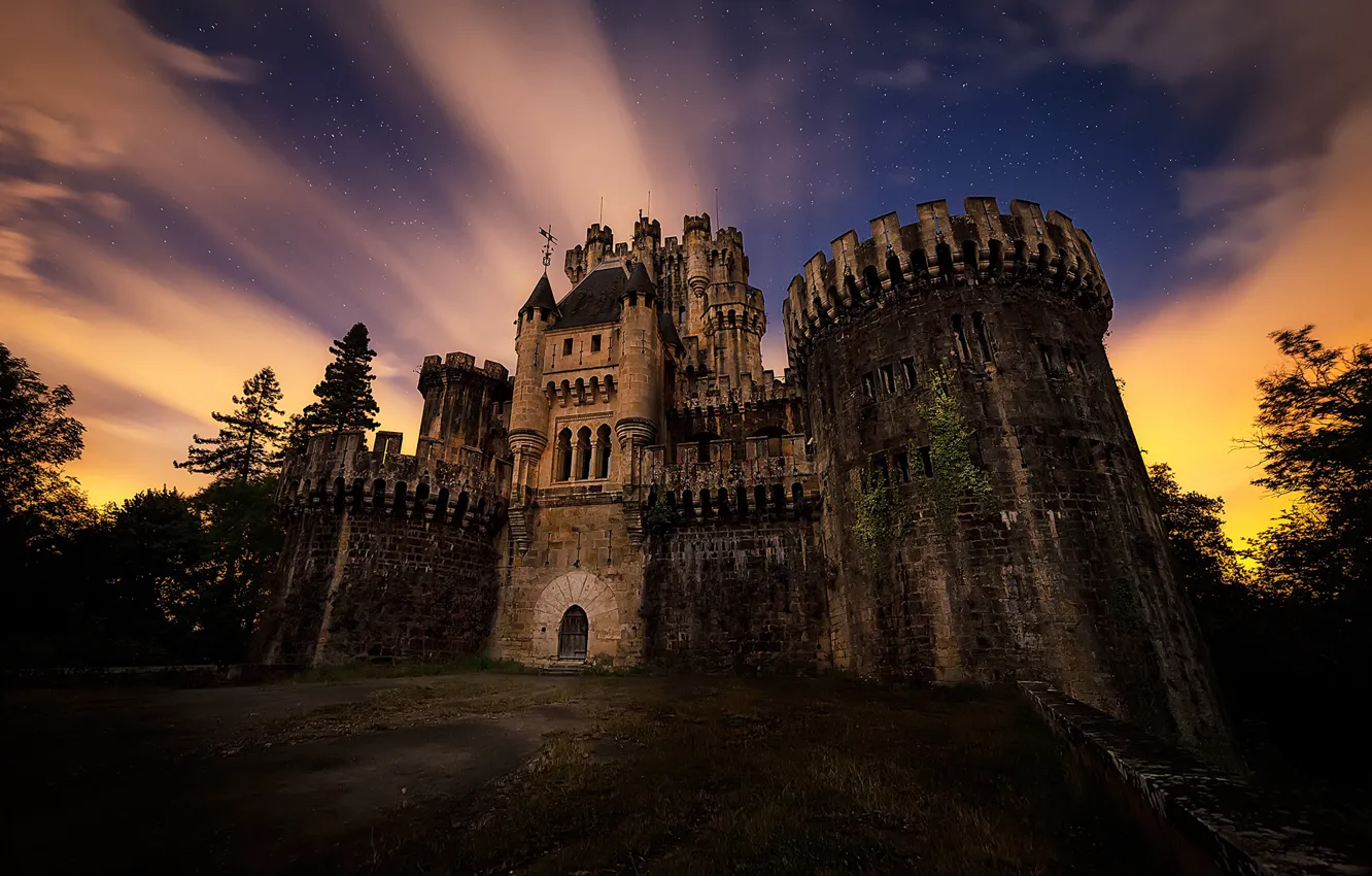 Photo wallpaper forest, the sky, clouds, trees, sunset, castle, stars, the evening