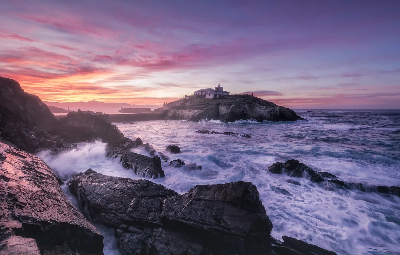 Photo wallpaper sea, sunset, the ocean, rocks, lighthouse, Spain