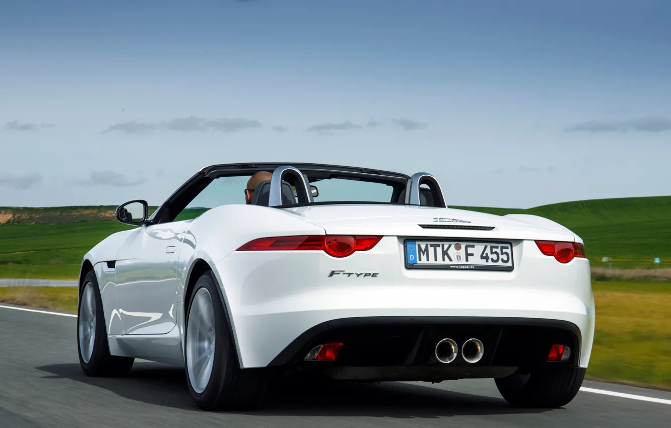 Photo wallpaper car, machine, the sky, Jaguar, white, rear view, 2013, F-Type