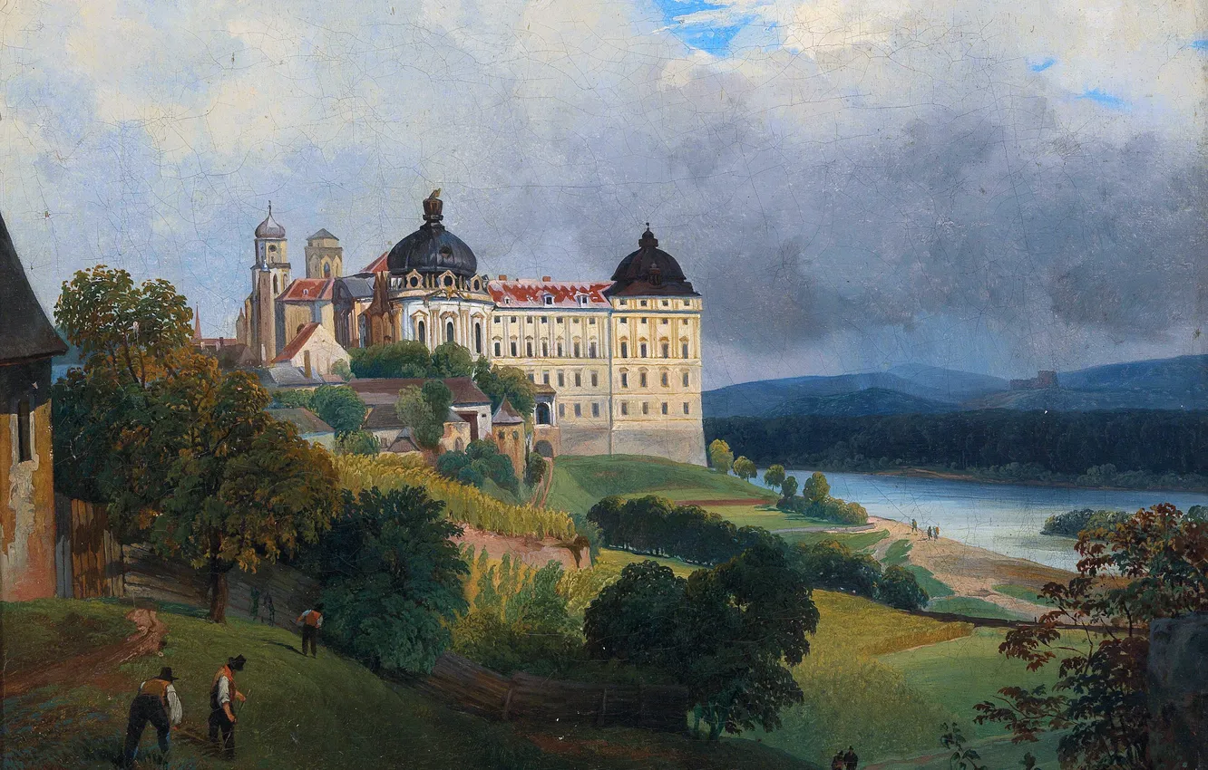 Photo wallpaper trees, river, people, home, picture, Austrian artist, Joseph Gerstmeyer, View of Klosterneuburg