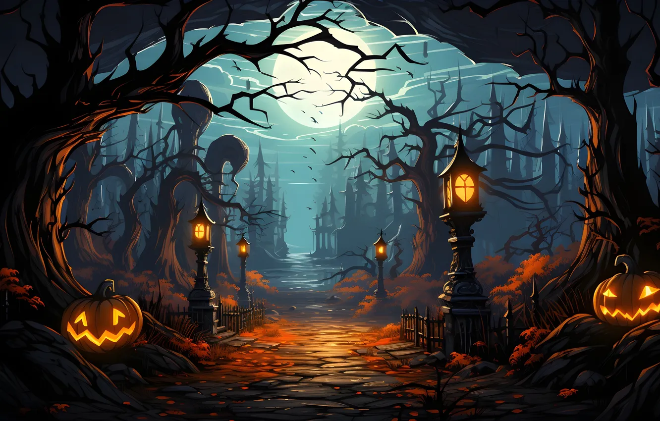 Photo wallpaper road, clouds, trees, night, lights, the moon, lights, Halloween